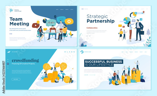 Set of web page design templates for our team, meeting and brainstorming, strategic partnership, crowdfunding, business success. Vector illustration concepts for web development. 