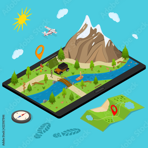 Hiking in a Park Concept 3d Isometric View. Vector
