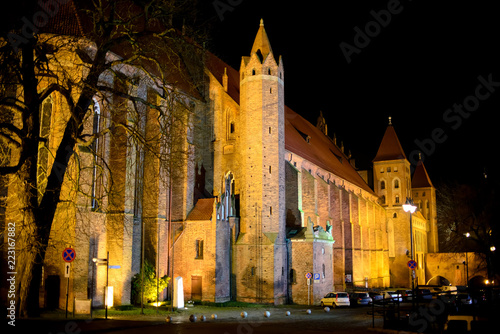 Lit Night Gothic Castle of the Teutonic knights Marienwerder in Kwidzyn, Poland photo