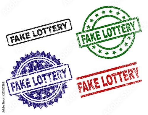 FAKE LOTTERY seal prints with corroded style. Black, green,red,blue vector rubber prints of FAKE LOTTERY caption with dust style. Rubber seals with round, rectangle, medallion shapes.