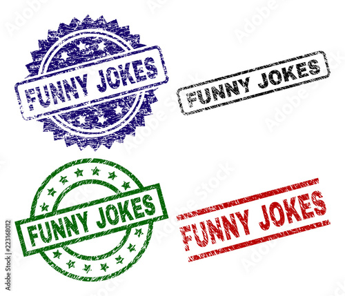 FUNNY JOKES seal prints with damaged surface. Black, green,red,blue vector rubber prints of FUNNY JOKES caption with retro surface. Rubber seals with round, rectangle, medal shapes.