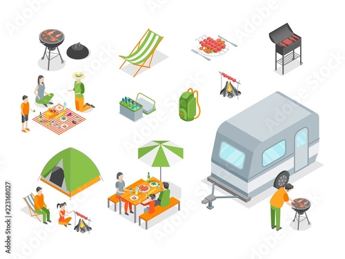 Picnic Barbecue Signs 3d Icon Set Isometric View. Vector