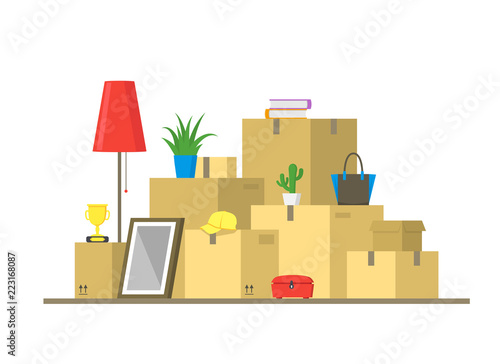Cartoon Color Pile Boxes Moving Concept. Vector