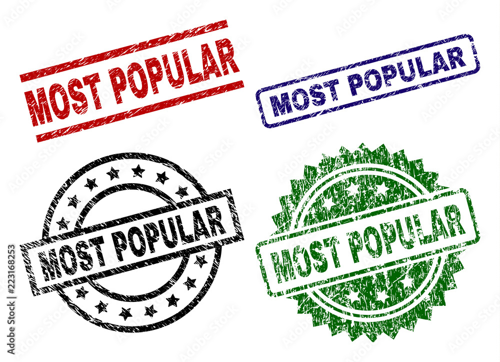 MOST POPULAR seal prints with corroded surface. Black, green,red,blue vector rubber prints of MOST POPULAR title with corroded texture. Rubber seals with circle, rectangle, medal shapes. MOST POPULAR seal prints with corroded surface. Black, green,red,blue vector rubber prints of MOST POPULAR title with corroded texture. Rubber seals with circle, rectangle, medal shapes.