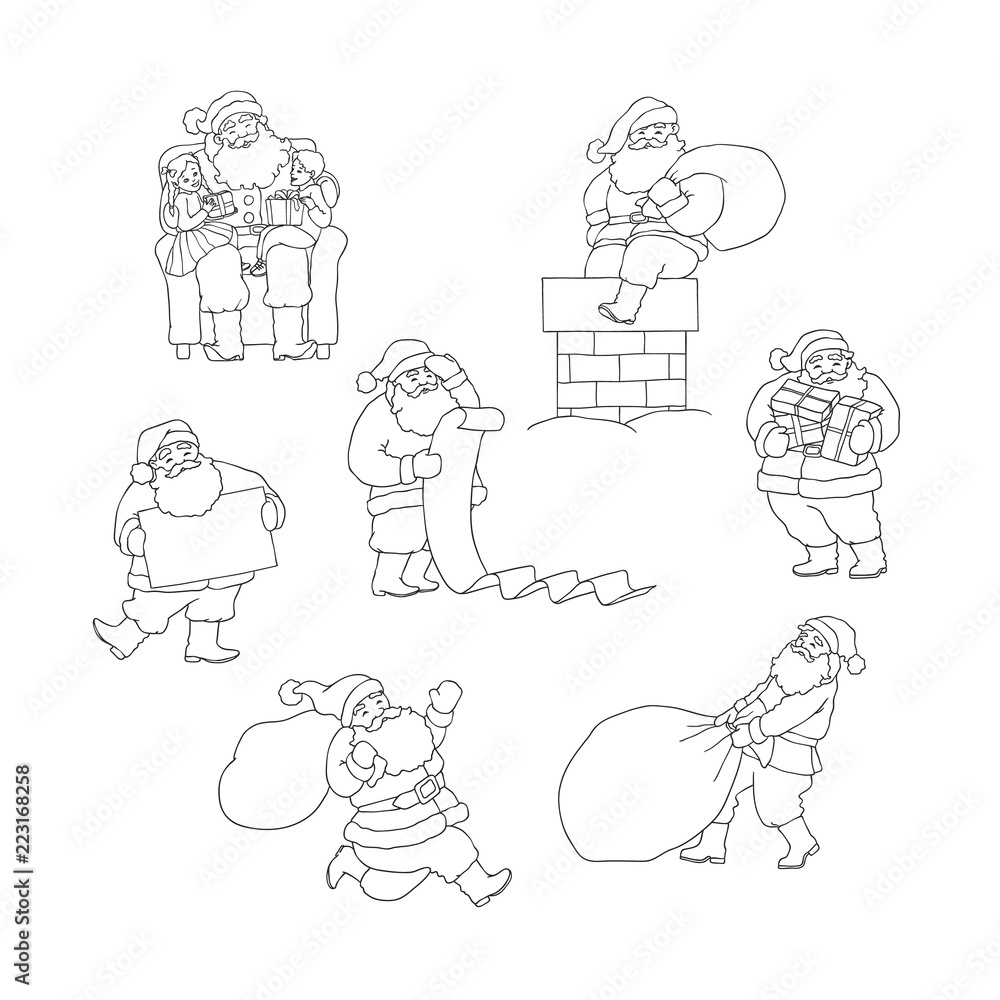 Vector set Santa Claus in different situations. Christmas grandfather with bag hurry give gifts to children. Illustration black white sketch isolated symbol of winter holiday.