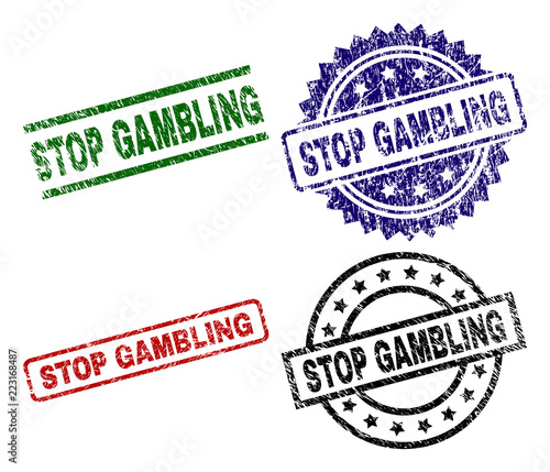 STOP GAMBLING seal prints with corroded style. Black, green,red,blue vector rubber prints of STOP GAMBLING tag with corroded style. Rubber seals with round, rectangle, medal shapes.