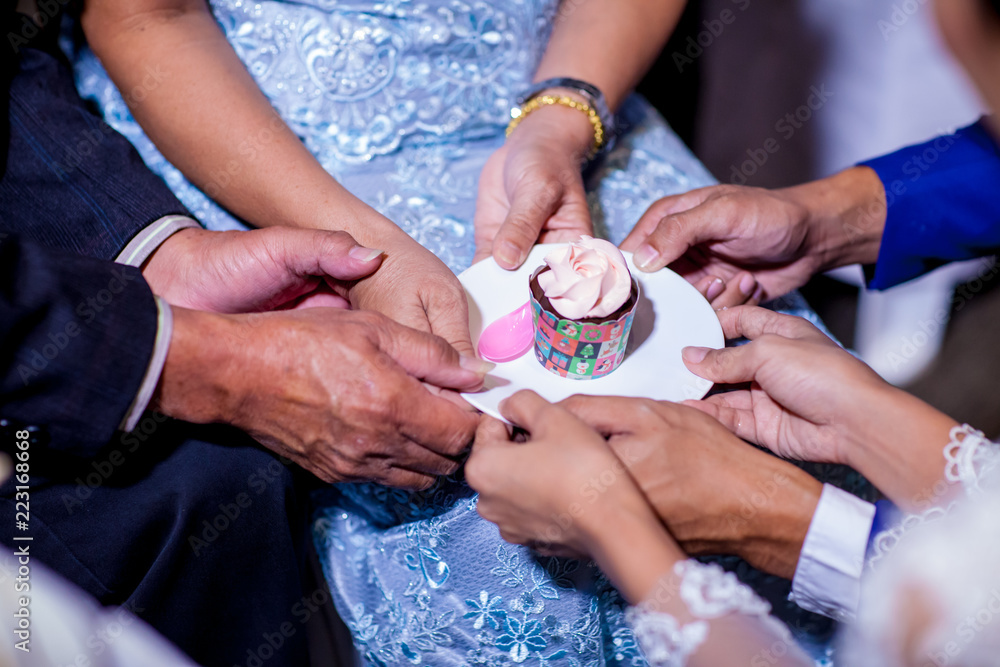  wedding cakes on dish. Bride and groom giving slice of wedding cake to guest. sign of wedding ceremony and sign of  wedding ceremony process ending.