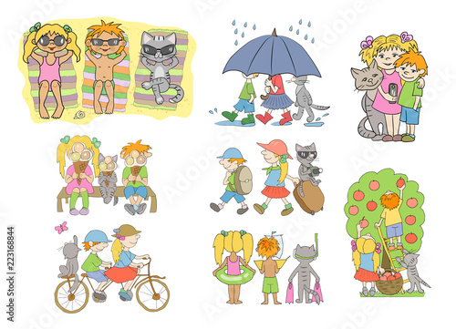 Set of children summer activities images. Kids on the beach  in the garden  travelling  riding bike  eating ice-cream  making selfie  walking.  Vector cartoon illustrations  isolated.