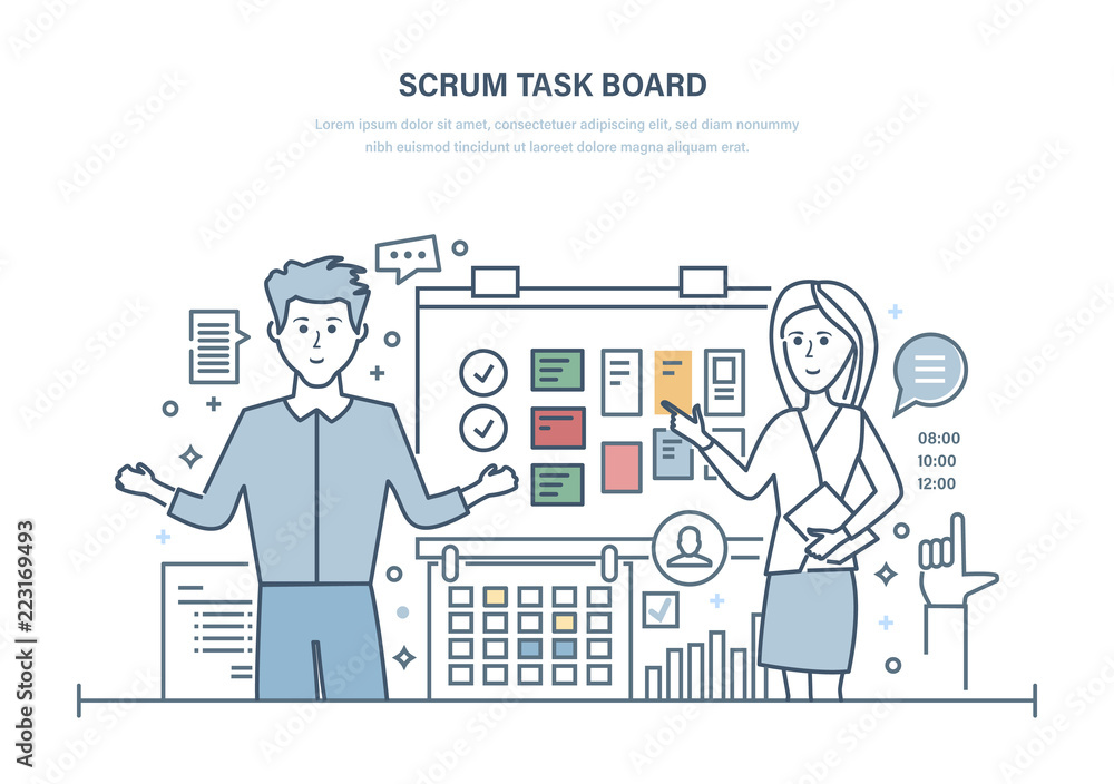 Scrum task board. Organizing working hours, project management, planning tasks.
