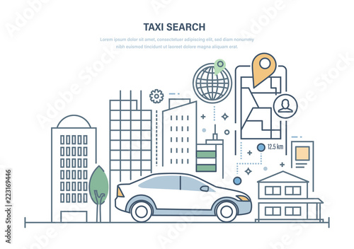 Taxi search. Ordering car for trip around city, online taxi.
