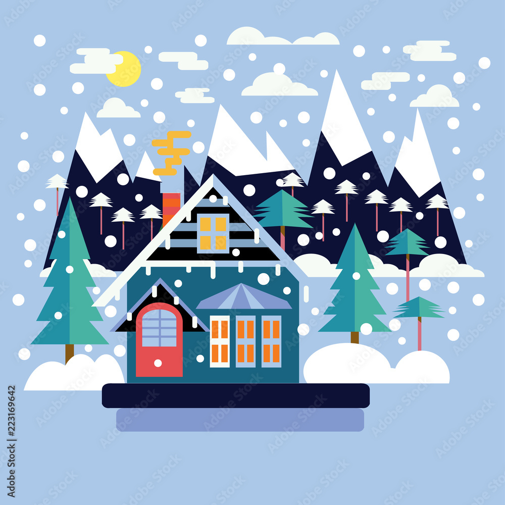 Merry Christmas greeting card design with country landscape