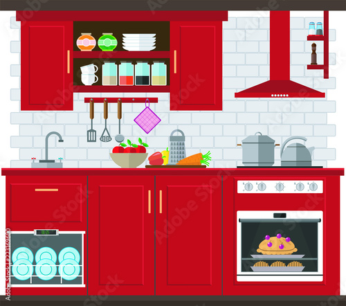 Kitchen set with furniture, utensils and appliances. Vector illustration on the theme of the interior.