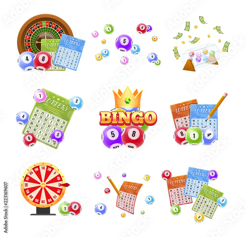 Set of lottery tickets, bingo, lotto, roulette, balls with numbers.