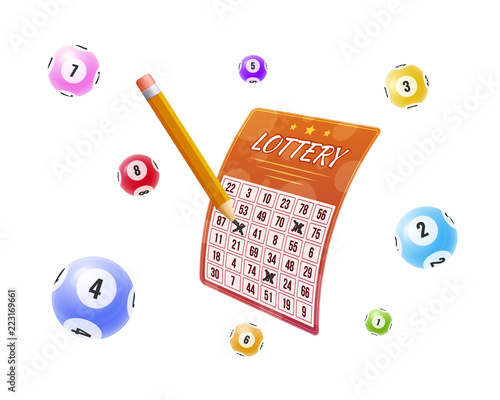 Lottery with marked winnings numbers. Balls with numbers for game.