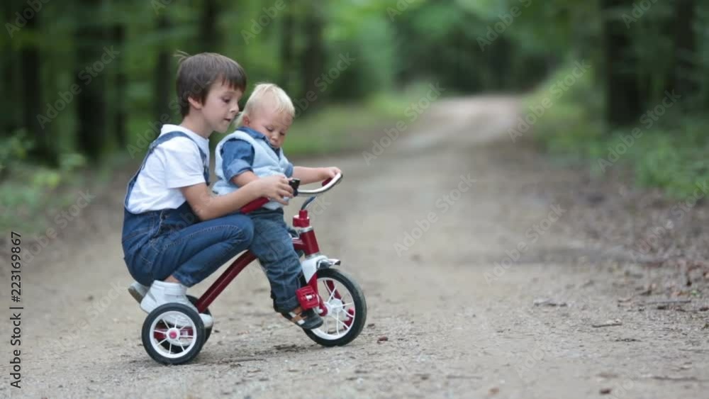 Cute toddler child and his older brothers, boys, siblings, playing with tricycle in park, having fun Cute toddler child and his older brothers, boys, siblings, playing with tricycle in park, having fun