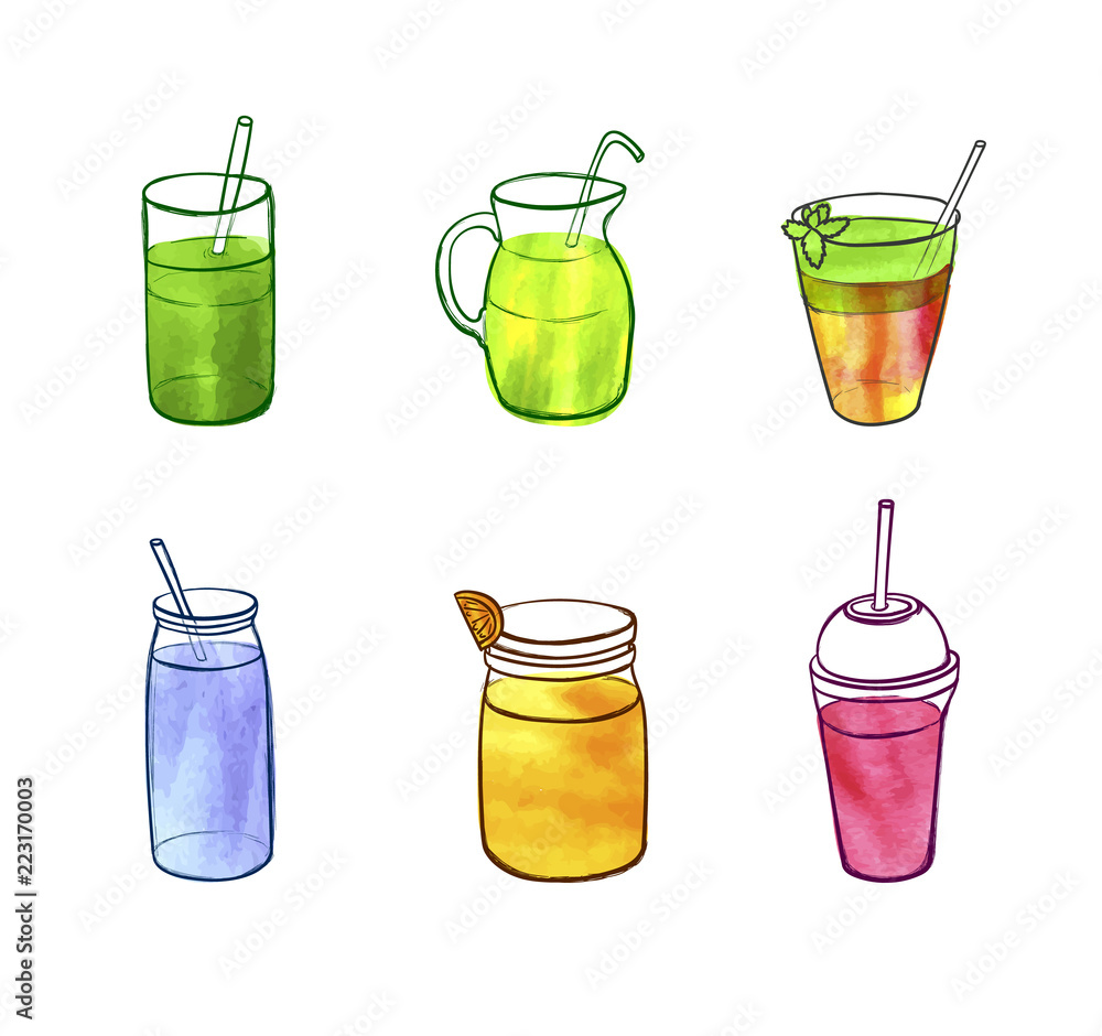 Vector Watercolor Smoothies Drawings, Isolated on White Drawn Doodles  Set.