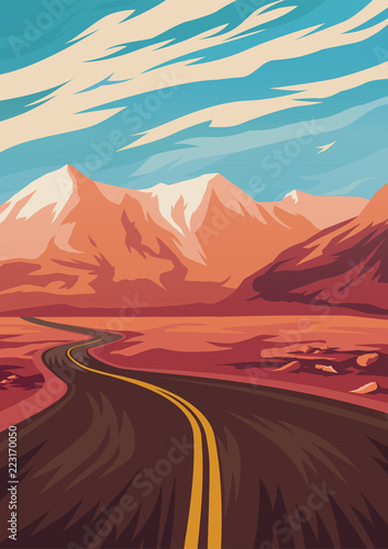 Travel illustration with road in mountains. Vector illustration.