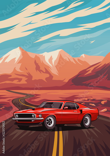 Retro american muscle car poster. Illustration with car standing on road near mountains.