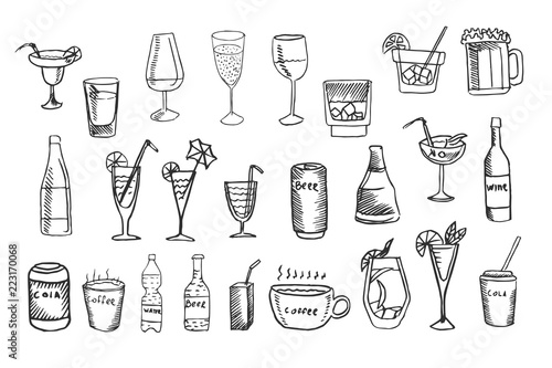 Beverage vector set, collection of cocktails, drinks sketches