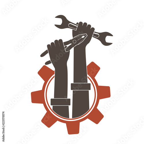 Icon hands holding industrial tools wrench and pliers.