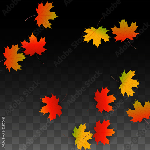 September Vector Background with Golden Falling Leaves. Autumn Illustration with Maple Red, Orange, Yellow Foliage. Isolated Leaf on Transparent Background. Bright Swirl. Suitable for Posters.