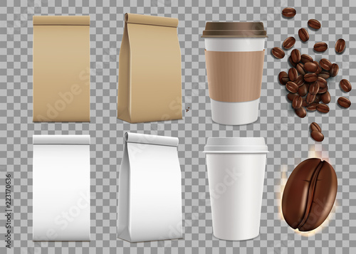 Set of blank package with coffee beans and paper mugs. Isolated