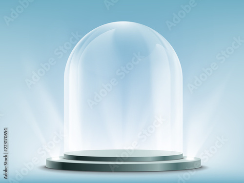 Blank empty and transparent glass dome on podium. Template mock-