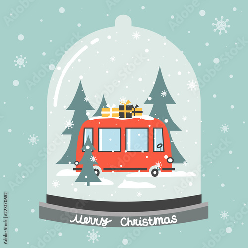 Colorful background with snow globe. Red bus with gifts, fir trees. Decorative cute backdrop vector. Hand drawn poster design. Happy New Year, festal greeting card. Winter time
