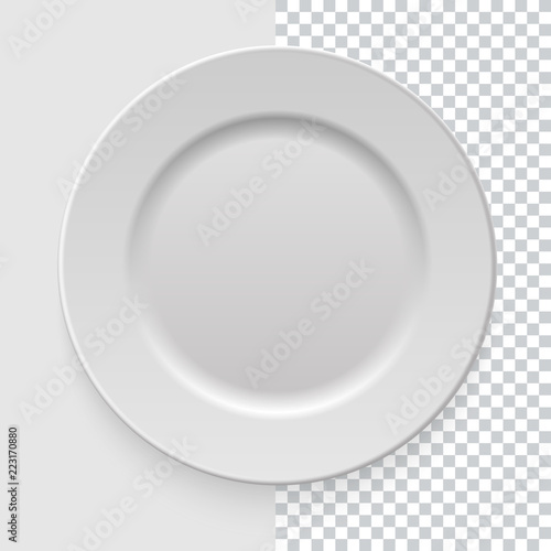 Realistic empty white dish plate with shadow on transparent background. Template design for food presentation and your projects. Top view. Kitchen appliances utensils for eating. Vector illustration.