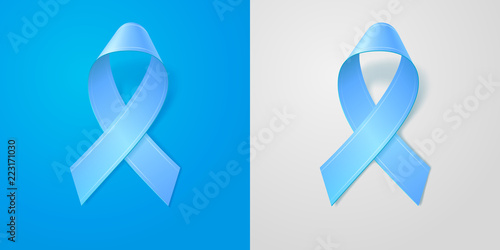 Realistic illustration blue ribbon with soft shadow on blue and gray isolated background. Prostate cancer awareness symbol. Editable vector template for design. 3d icon.