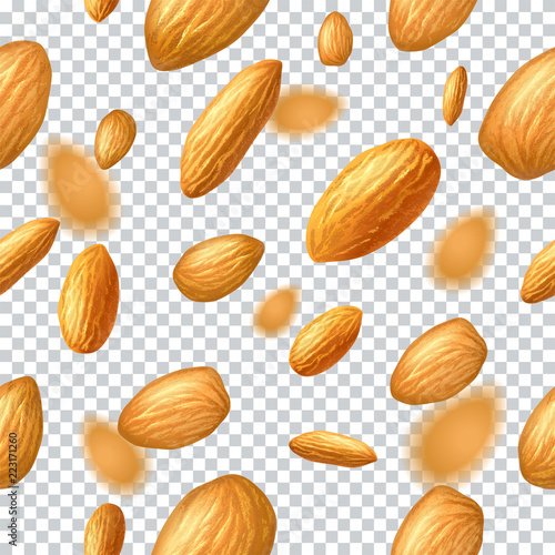 Seamless vector pattern with flying almonds on transparent background. Realistic vector illustration. Template for print and packaging design, website, postcard, textile, clothing.