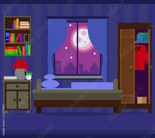 Living room, bedroom at night. Vector illustration.