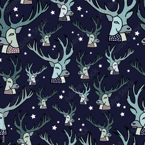 Vector reindeer grey and blue seamless repeat pattern background