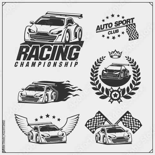 Set of Racing club emblems, labels and design elements. Speeding racing cars illustrations.