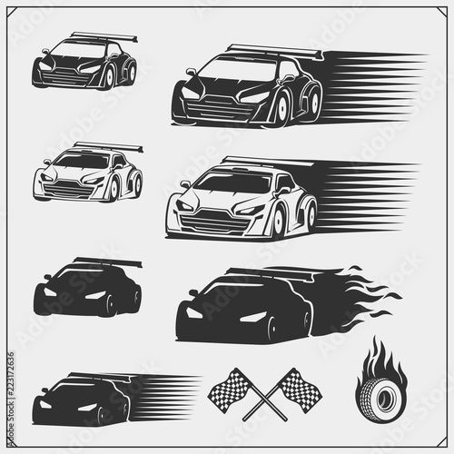 Set of speeding racing cars. Vector illustration.