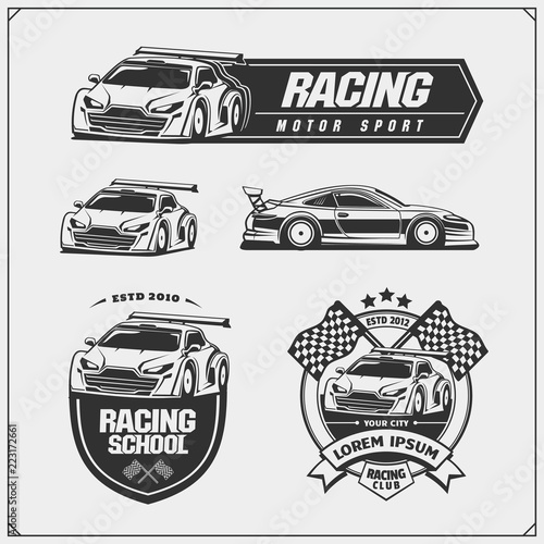Set of Racing club emblems, labels and design elements. Speeding racing cars illustrations.