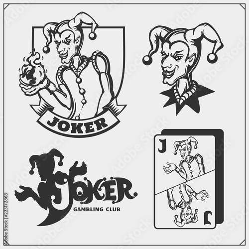 Set of casino and poker emblems and labels with Joker and playing cards.