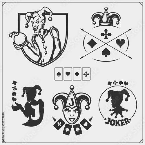 Set of casino and poker emblems and labels with Joker and playing cards.