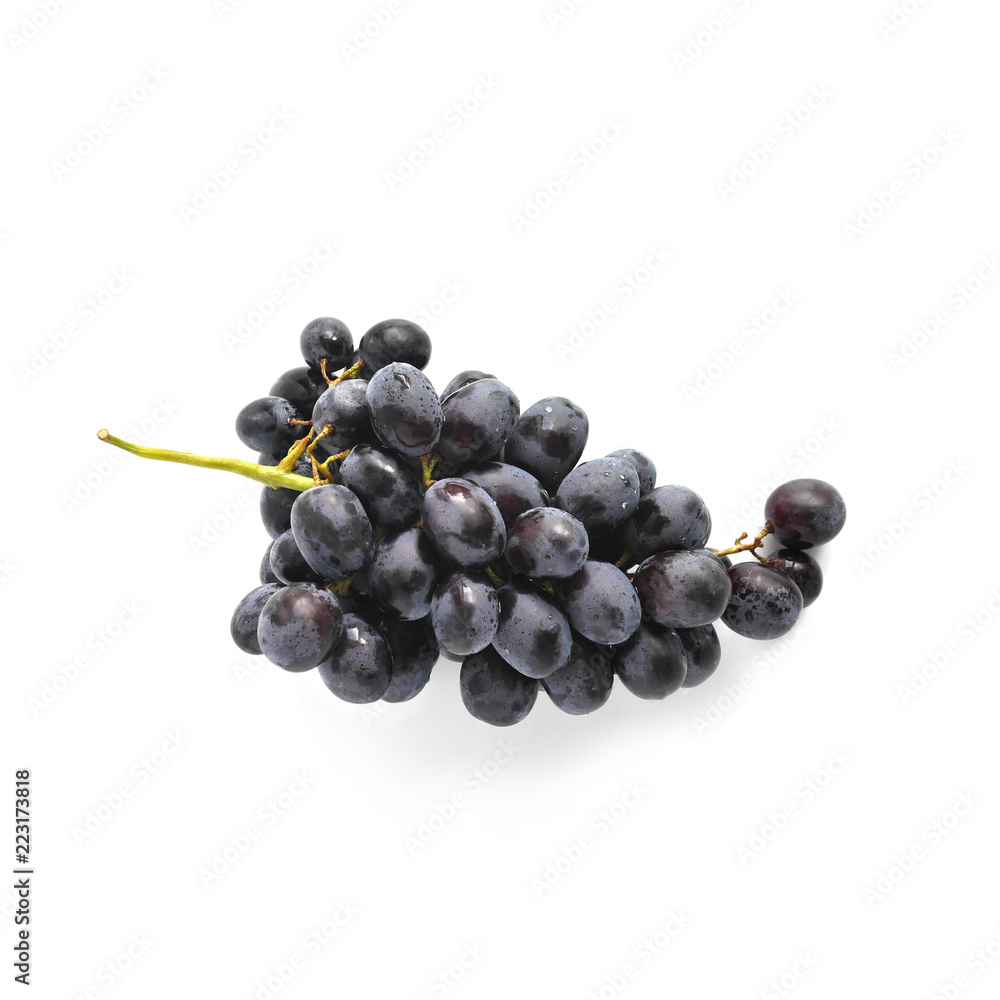 Black grapes isolated on white background, top view.