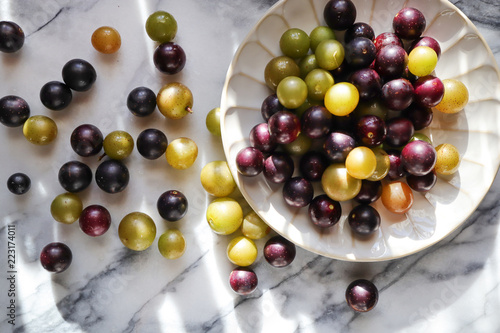 Muscato muscadine sweet green bronze and purple black grape on white marble board