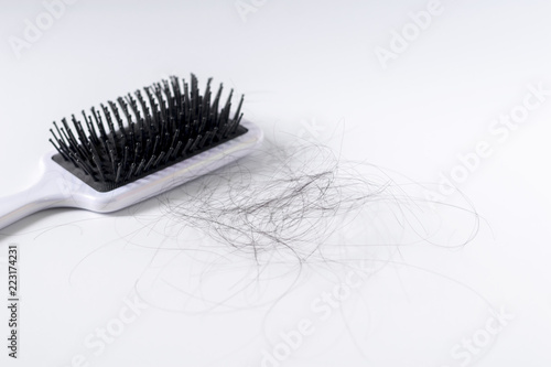 Hair fall or loss with blush is a problem of women on white background.