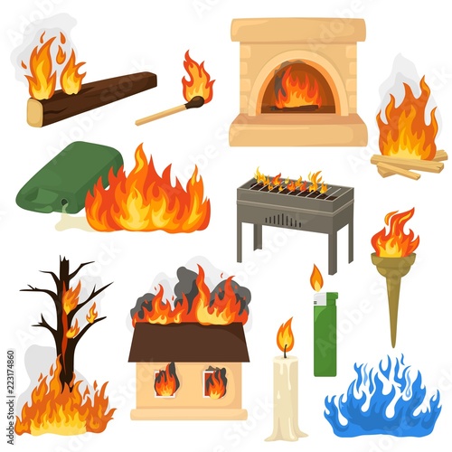Fire flame vector fired flaming bonfire in fireplace and flammable campfire illustration fiery set of flamy torchlight or lighting flambeau isolated on white background photo