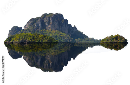 Island with reflection on white background with clipping path.