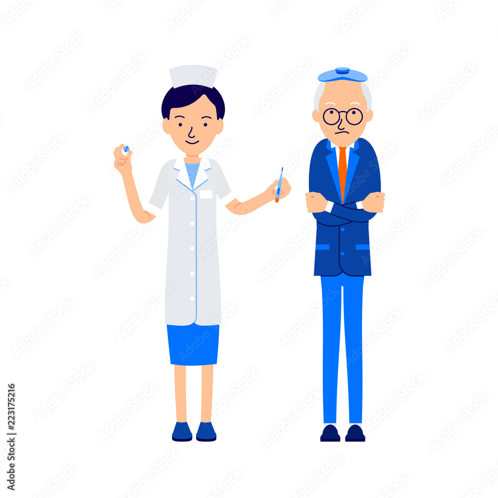 Elderly man in chills, patient hugged himself with his hands, on his head he had an ice pack. Nurse offers him thermometer for measuring temperature and pills. llustration of people characters Elderly man in chills, patient hugged himself with his hands, on his head he had an ice pack. Nurse offers him thermometer for measuring temperature and pills. llustration of people characters