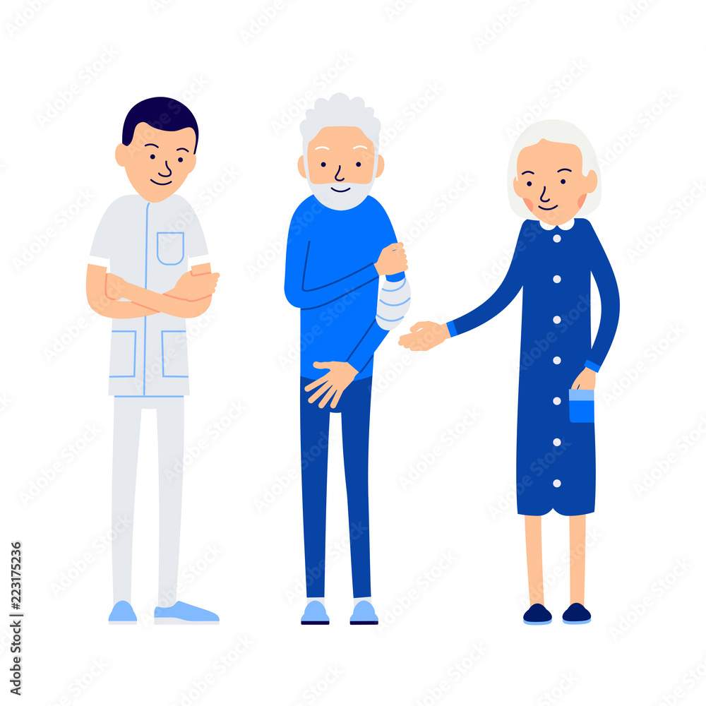 Doctor and patient. Elderly man holds sore hand. Patient is on medical examination with painful hand. His wife stands next to him. Illustration of people characters isolated on white background