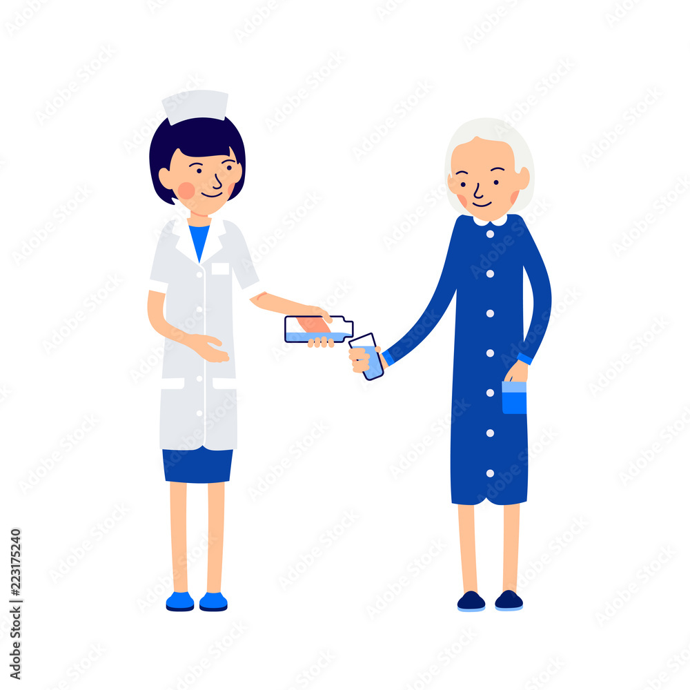 Nurse pours medication from medical bottle into the glass. An elderly woman takes the medicine. Illustration of people characters isolated on white background in flat style Nurse pours medication from medical bottle into the glass. An elderly woman takes the medicine. Illustration of people characters isolated on white background in flat style