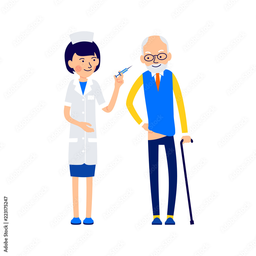 Nurse is preparing to make an elderly patient medical injection. Man lowered trousers preparing for medical prick. Illustration of people characters isolated on white background in flat style Nurse is preparing to make an elderly patient medical injection. Man lowered trousers preparing for medical prick. Illustration of people characters isolated on white background in flat style