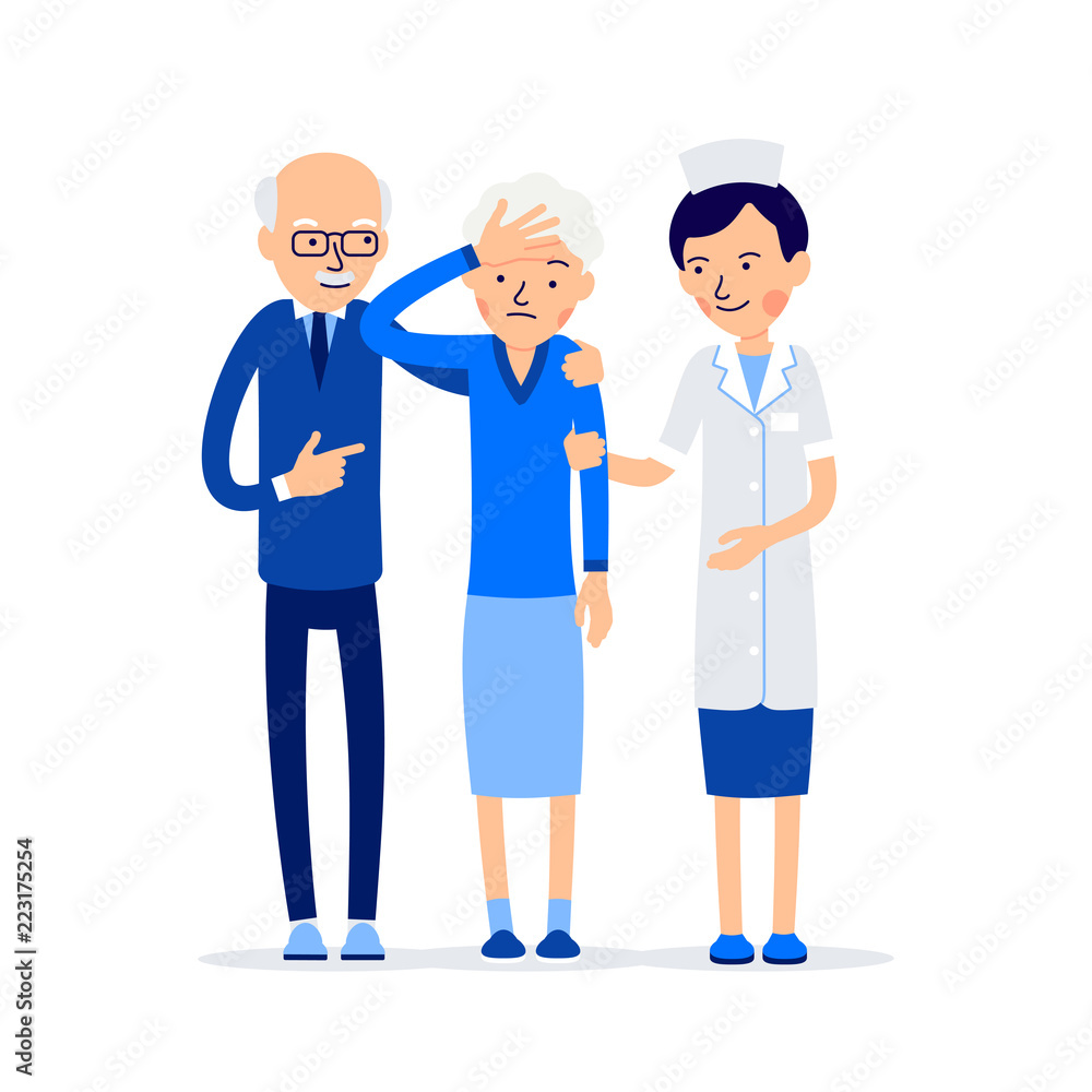 Nurse and patient. Elderly people, man and woman standing next to a doctor. Elderly woman with a headache. Illustration of people characters isolated on white background in flat style