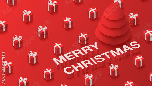 Red Merry Christmas background with 3d gifts.
