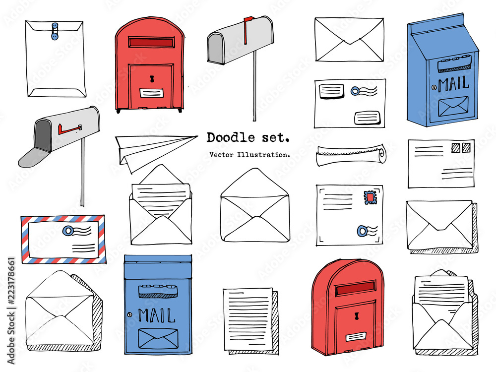 Hand drawn mail, post, letter, envelope, paper plane,mailbox cartoon Set.  Vector illustration. Delivery Doodle decorative elements. Mail and post  icon in sketch style. Stock Vector | Adobe Stock